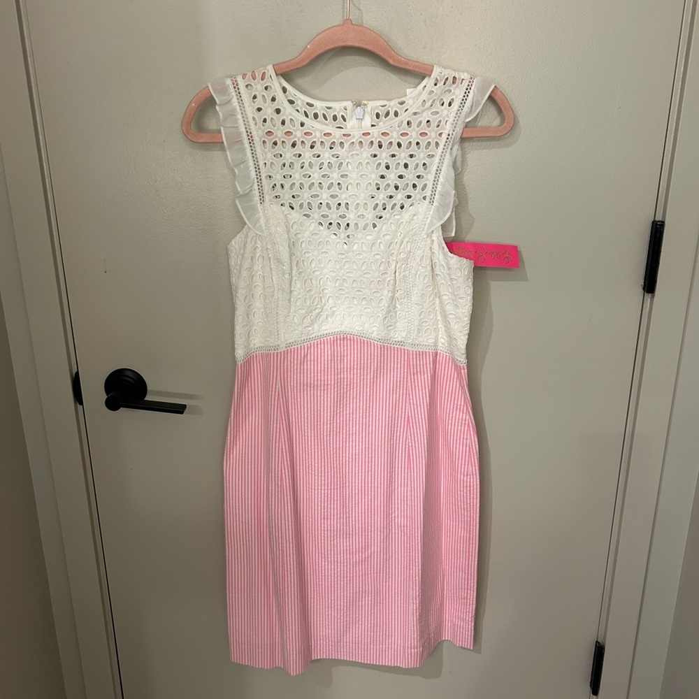 NWT Lilly Pulitzer White Eyelet & Pink Seersucker Dress